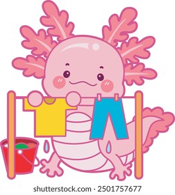 Illustration of cute axolotl activities icon.
Funny pink axolotl in daily routine stickers.
Pink axolotl dry it clothes