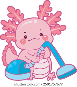 Illustration of cute axolotl activities icon.
Funny pink axolotl in daily routine stickers.
Pink axolotl cleaning house with vacuum cleaner