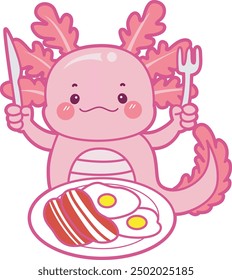 Illustration of cute axolotl activities icon.
Funny pink axolotl in daily routine stickers.
Pink axolotl want to eating bacons and eggs