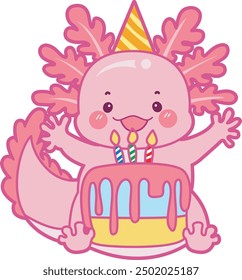 Illustration of cute axolotl activities icon.
Funny pink axolotl in daily routine stickers.
Pink axolotl celebration a birthday party with birthday cake and candles