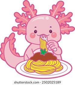 Illustration of cute axolotl activities icon.
Funny pink axolotl in daily routine stickers.
Pink axolotl eating pasta or spaghetti
