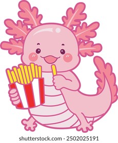 Illustration of cute axolotl activities icon.
Funny pink axolotl in daily routine stickers.
Pink axolotl eating french fries