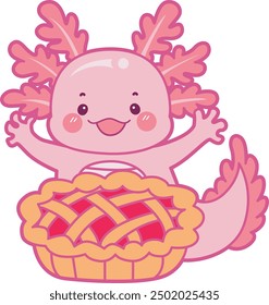 Illustration of cute axolotl activities icon.
Funny pink axolotl in daily routine stickers.
Pink axolotl with pie apple