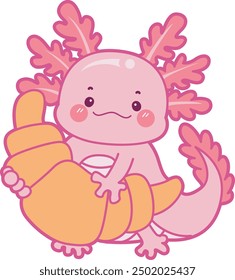 Illustration of cute axolotl activities icon.
Funny pink axolotl in daily routine stickers.
Pink axolotl with bread