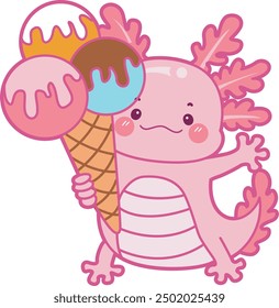 Illustration of cute axolotl activities icon.
Funny pink axolotl in daily routine stickers.
Pink axolotl want to eating ice cream