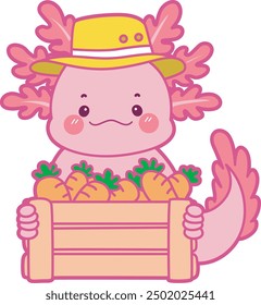 Illustration of cute axolotl activities icon.
Funny pink axolotl in daily routine stickers.
Pink axolotl carrying a bunch of carrots