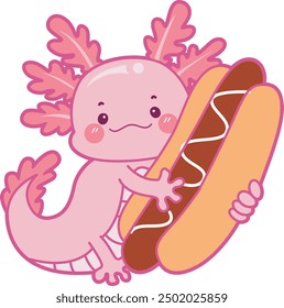 Illustration of cute axolotl activities icon.
Funny pink axolotl in daily routine stickers.
Pink axolotl with hot dog