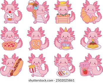 Illustration of cute axolotl activities icon.
Funny pink axolotl in daily routine stickers.