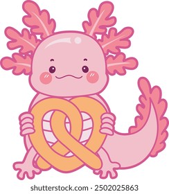 Illustration of cute axolotl activities icon.
Funny pink axolotl in daily routine stickers.
Pink axolotl with francis bread