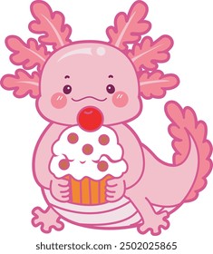 Illustration of cute axolotl activities icon.
Funny pink axolotl in daily routine stickers.
Pink axolotl with cupcake and cherry