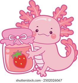 Ilustración de lindo icono de actividades axolotl.
Gracioso axolotl rosa en las pegatinas de rutina diaria.
El axolotl rosa trae un frasco de mermelada de fresa