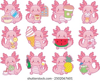 Illustration of cute axolotl activities icon.
Funny pink axolotl in daily routine stickers.
Variation of food in Axolotl