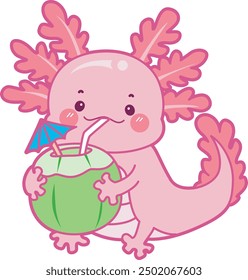 Illustration of cute axolotl activities icon.
Funny pink axolotl in daily routine stickers.
A pink axolotl drink a coconut