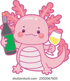 Ilustración de lindo icono de actividades axolotl.
Gracioso axolotl rosa en las pegatinas de rutina diaria.
Un axolotl rosa trae una botella y un vaso de cerveza