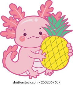 Illustration of cute axolotl activities icon.
Funny pink axolotl in daily routine stickers.
A pink axolotl bring a pinapple