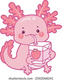 Illustration of cute axolotl activities icon.
Funny pink axolotl in daily routine stickers.
A pink axolotl drink a box of strawberry milk