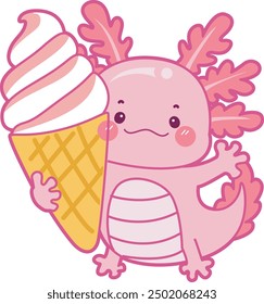 Illustration of cute axolotl activities icon.
Funny pink axolotl in daily routine stickers.
A pink axolotl bring a strawberries ice cream