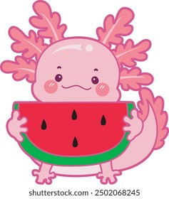 Illustration of cute axolotl activities icon.
Funny pink axolotl in daily routine stickers.
A pink axolotl bring a watermelon