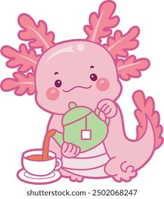 Illustration of cute axolotl activities icon.
Funny pink axolotl in daily routine stickers.
A pink axolotl pour a tea on the cup