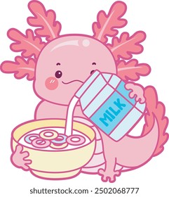 Illustration of cute axolotl activities icon.
Funny pink axolotl in daily routine stickers.
A pink axolotl pour milk on the cereal