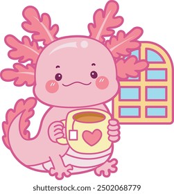 Illustration of cute axolotl activities icon.
Funny pink axolotl in daily routine stickers.
A pink axolotl enjoy the tea