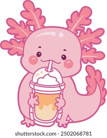 Illustration of cute axolotl activities icon.
Funny pink axolotl in daily routine stickers.
A pink axolotl drink a chocolate milkshake