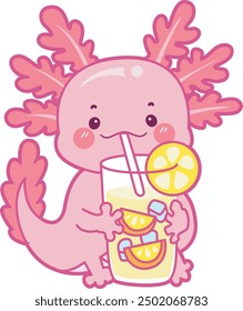 Illustration of cute axolotl activities icon.
Funny pink axolotl in daily routine stickers.
A pink axolotl drink an orange juice