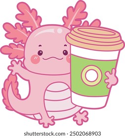 Illustration of cute axolotl activities icon.
Funny pink axolotl in daily routine stickers.
A pink axolotl bring a cup of coffee

