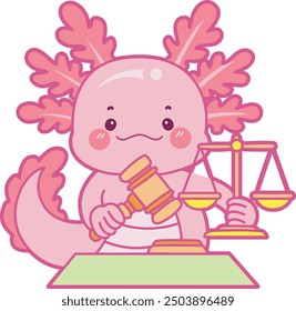 
Illustration of cute axolotl activities icon.
Funny pink axolotl in daily routine stickers.
A pink axolotl bring hammer and scale  like justice or law