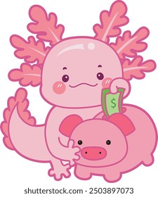 Ilustración de lindo icono de actividades axolotl.
Gracioso axolotl rosa en las pegatinas de rutina diaria.
Un axolotl rosa ahorrando dinero en la hucha