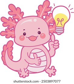 Illustration of cute axolotl activities icon.
Funny pink axolotl in daily routine stickers.
A pink axolotl have an idea