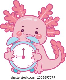 Illustration of cute axolotl activities icon.
Funny pink axolotl in daily routine stickers.
A pink axolotl bring an alarm clock