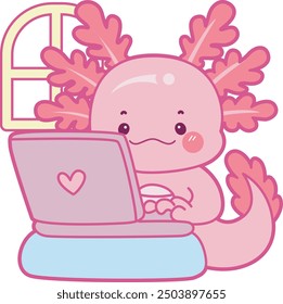 Illustration of cute axolotl activities icon.
Funny pink axolotl in daily routine stickers.
A pink axolotl work in the notebook