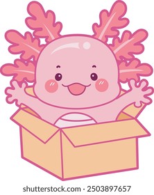 Illustration of cute axolotl activities icon.
Funny pink axolotl in daily routine stickers.
A pink axolotl in the cardboard