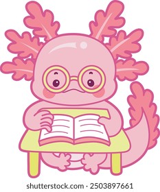 Illustration of cute axolotl activities icon.
Funny pink axolotl in daily routine stickers.
A pink axolotl learn with book in the table