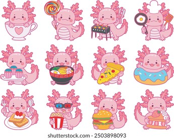 Illustration of cute axolotl activities icon.
Funny pink axolotl in daily routine stickers.
Any food of axolotl