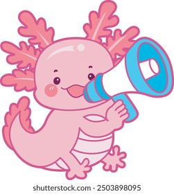 Illustration von niedlichen axolotl Aktivitäten Symbol.
Lustiges rosa Axolotl in täglichen Routine-Aufklebern.
Ein rosafarbenes Axolotl mit Lautsprecher