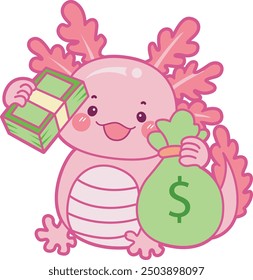 Ilustración de lindo icono de actividades axolotl.
Gracioso axolotl rosa en las pegatinas de rutina diaria.
Un axolotl rosa trae un montón de dinero