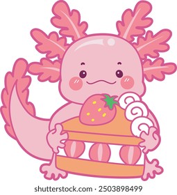 Illustration of cute axolotl activities icon.
Funny pink axolotl in daily routine stickers.
A pink axolotl bring a strawberry cakes