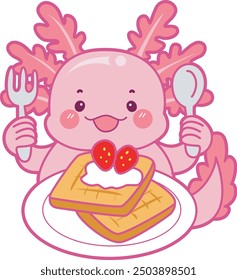 Illustration of cute axolotl activities icon.
Funny pink axolotl in daily routine stickers.
A pink axolotl breakfast with bread and strawberries