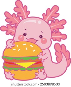 Illustration of cute axolotl activities icon.
Funny pink axolotl in daily routine stickers.
A pink axolotl bring a burger