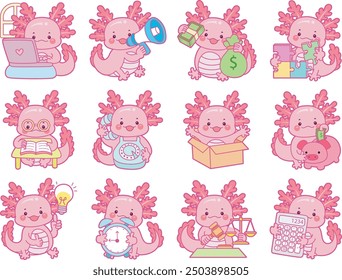 Illustration of cute axolotl activities icon.
Funny pink axolotl in daily routine stickers.
A pink axolotl in working activity