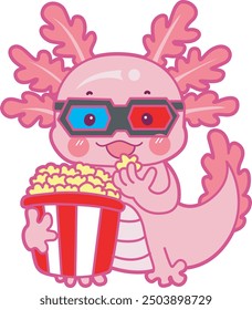 Illustration of cute axolotl activities icon.
Funny pink axolotl in daily routine stickers.
A pink axolotl eating popcorn with cinema glasses