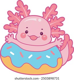 Ilustración de lindo icono de actividades axolotl.
Gracioso axolotl rosa en las pegatinas de rutina diaria.
Un axolotl rosa en la rosquilla azul