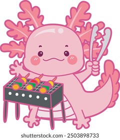 Illustration of cute axolotl activities icon.
Funny pink axolotl in daily routine stickers.
A pink axolotl have a barbecue