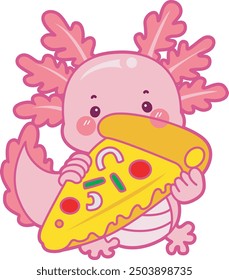 Ilustración de lindo icono de actividades axolotl.
Gracioso axolotl rosa en las pegatinas de rutina diaria.
Un axolotl rosa trae una pizza amarilla