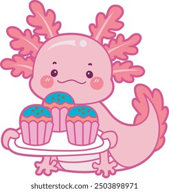 Illustration of cute axolotl activities icon.
Funny pink axolotl in daily routine stickers.
A pink axolotl bring a cupcakes