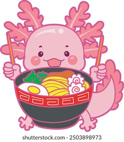 Illustration of cute axolotl activities icon.
Funny pink axolotl in daily routine stickers.
A pink axolotl want to eating ramen