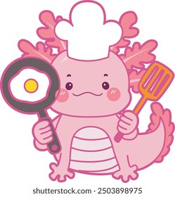 Illustration of cute axolotl activities icon.
Funny pink axolotl in daily routine stickers.
A pink axolotl want to cook an egg