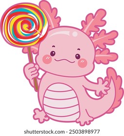 Illustration of cute axolotl activities icon.
Funny pink axolotl in daily routine stickers.
A pink axolotl bring a lollipop